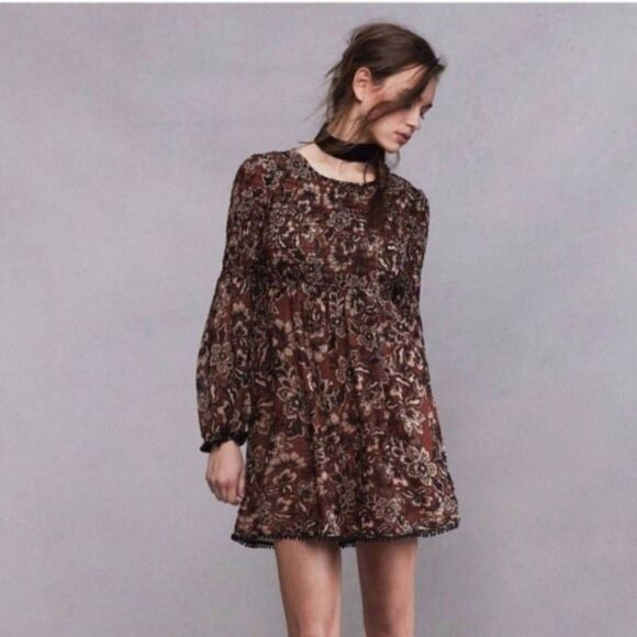 For Love & Lemons Gracie Shirred Mini Dress Sz XS Chocolate Flower Bohemian - Picture 10 of 12